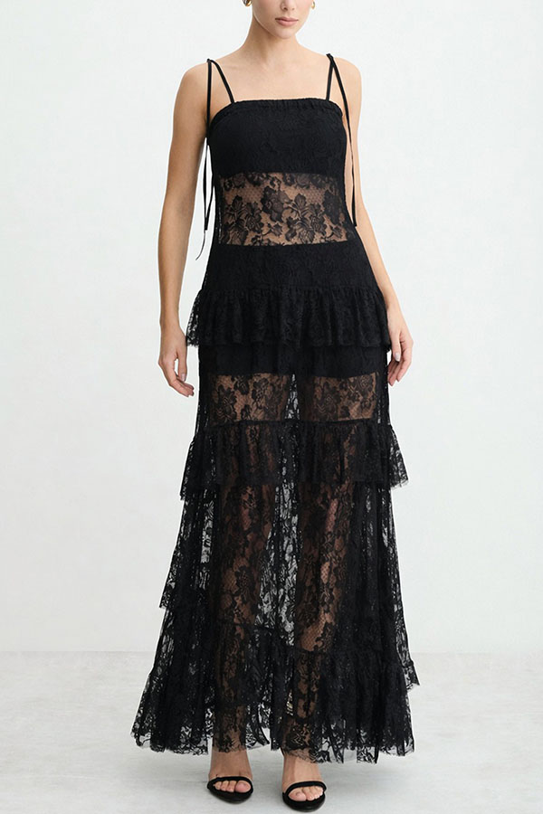 Abigail Floral LaceTiered Ruffles Tie-up Shoulder A-line Maxi Dress-consonak
