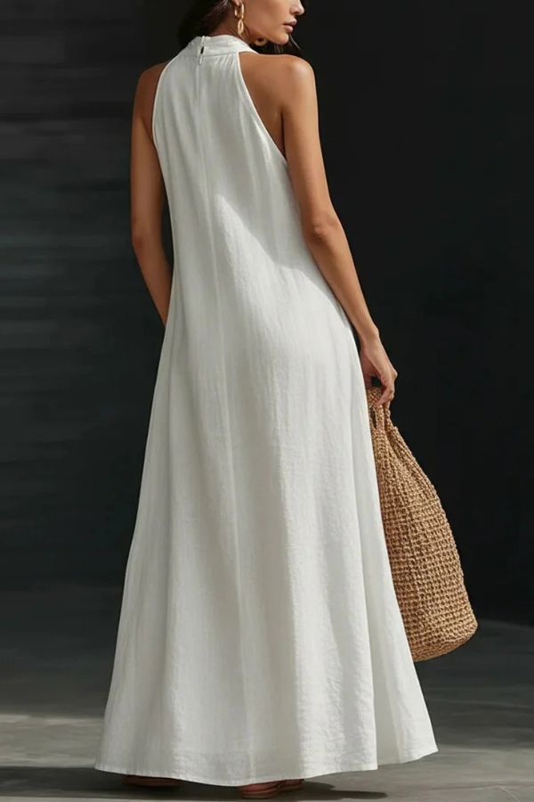 Linen Blend Solid Color Loose V-neck Pocket Casual Maxi Dress | Consonak