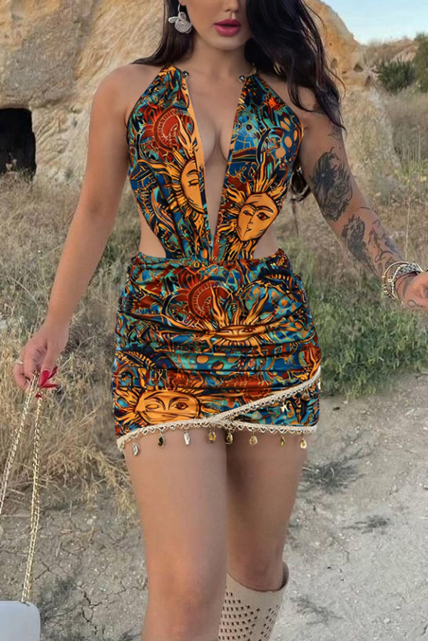 Unique Print Halter Neck Backless Tie Fitted Mini Dress-consonak