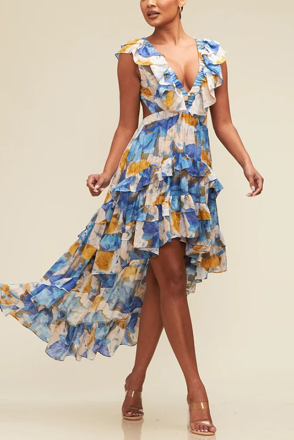 Boho Floral Print Sexy V-neck Backless Resort Maxi Dress-consonak