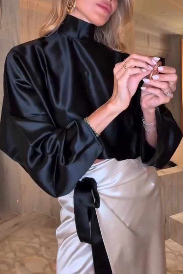 Elegant High-neck Long-sleeved Loose Top and Cross-strap High-slit Maxi Skirt Set-consonak