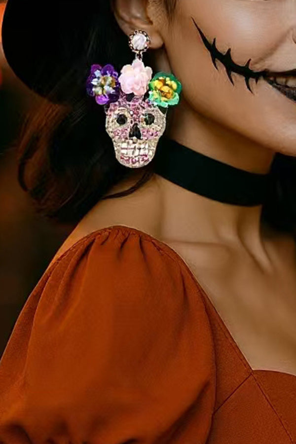 Fashion Flower Skull Diamond Earrings-consonak