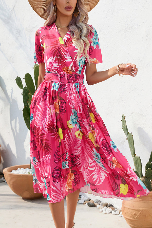 Paulette Contrast Floral Print Belted Pleated Midi Dress-consonak