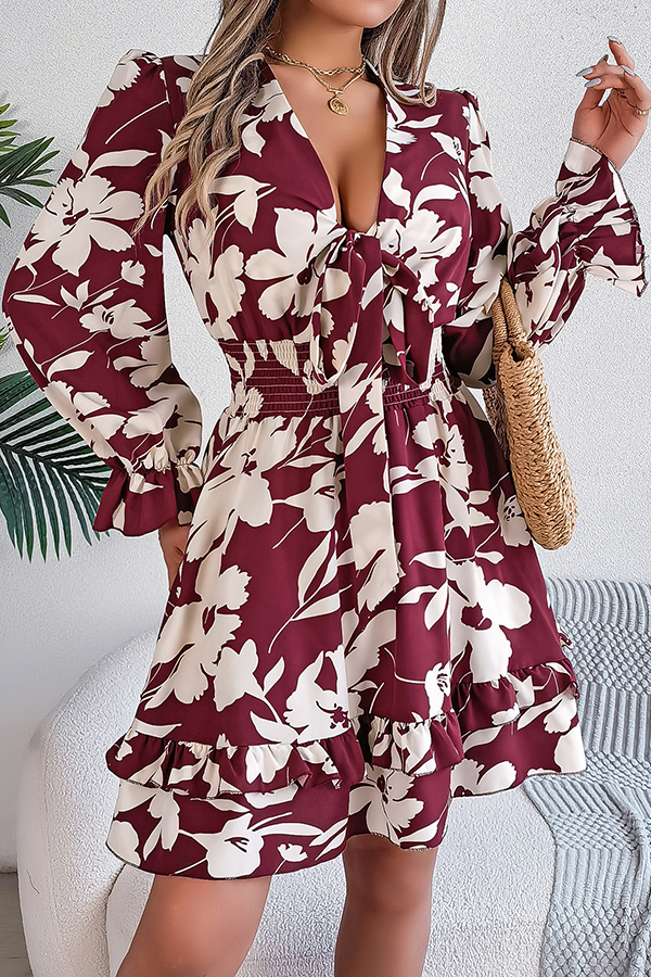 Floral Print V-neck Lace-up Long-sleeve Elastic Waist Mini Dress-consonak