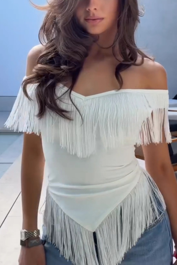 Solid Color V-neck Off-shoulder Tassel Fitted Top | Consonak