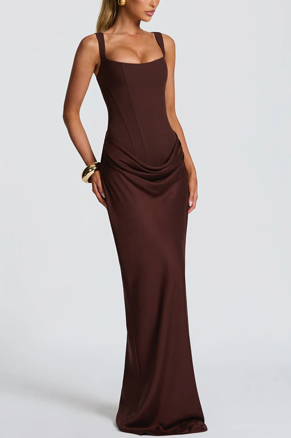 Larrah Square Neck Back Lace-up Satin Drape Hem Maxi Dress-consonak