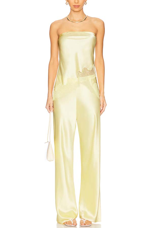 Odessa Satin Floral Lace Hem Strapless Tank and Mid Rise Wide Leg Pants Set-consonak