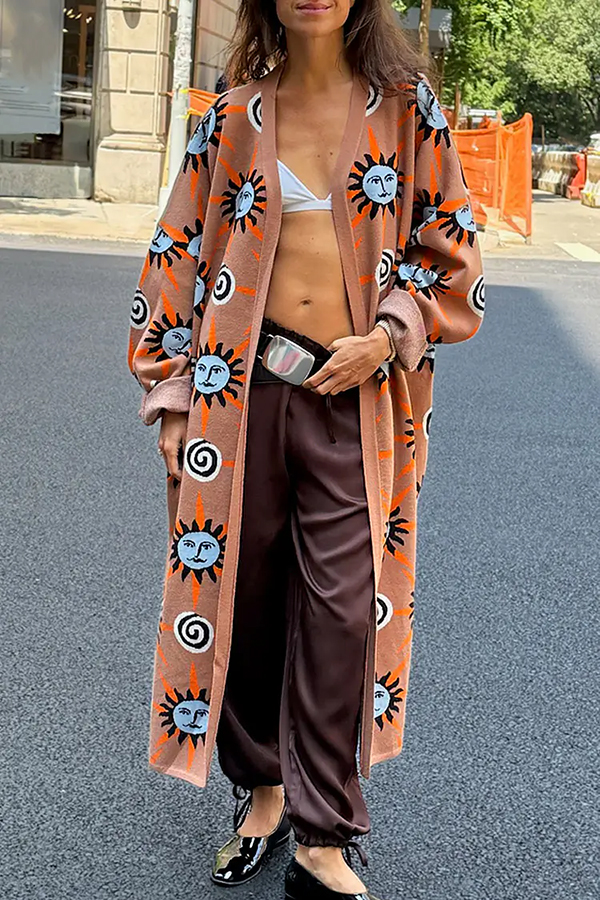 Mediterranean Art Knit Unique Sun Vortex Print Bell Sleeve Long Cardigan-consonak