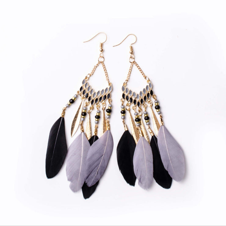 Vintage chain tassel bohemian feather earrings-consonak