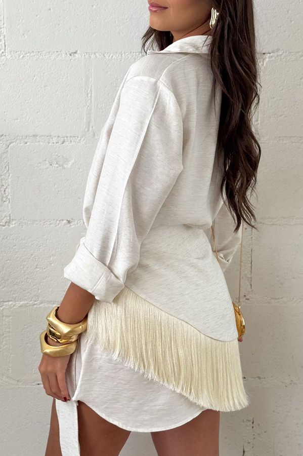 Sorena Linen Blend Button Up Long Sleeve Midi Blouse and Tassel Trim Warp Cover-up Mini Dress Set-Consonak