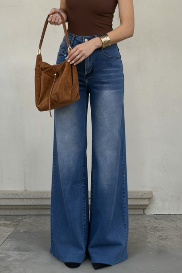 Stylish High-waisted Pocket Casual Frayed Straight Leg Jeans-consonak