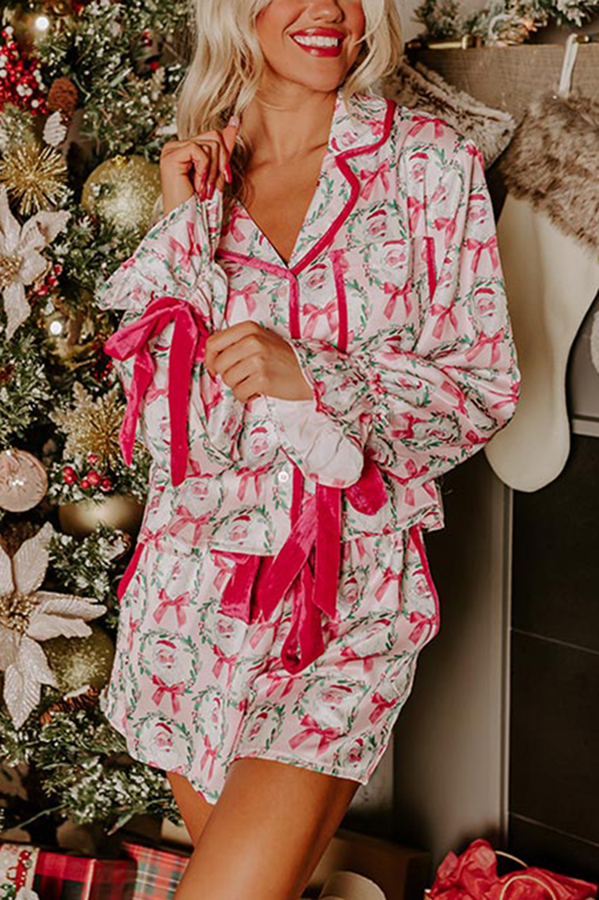 Christmas Dreaming Satin Santa Print Velvet Trim Elastic Waist Pocketed Pajama Shorts Set | Consonak