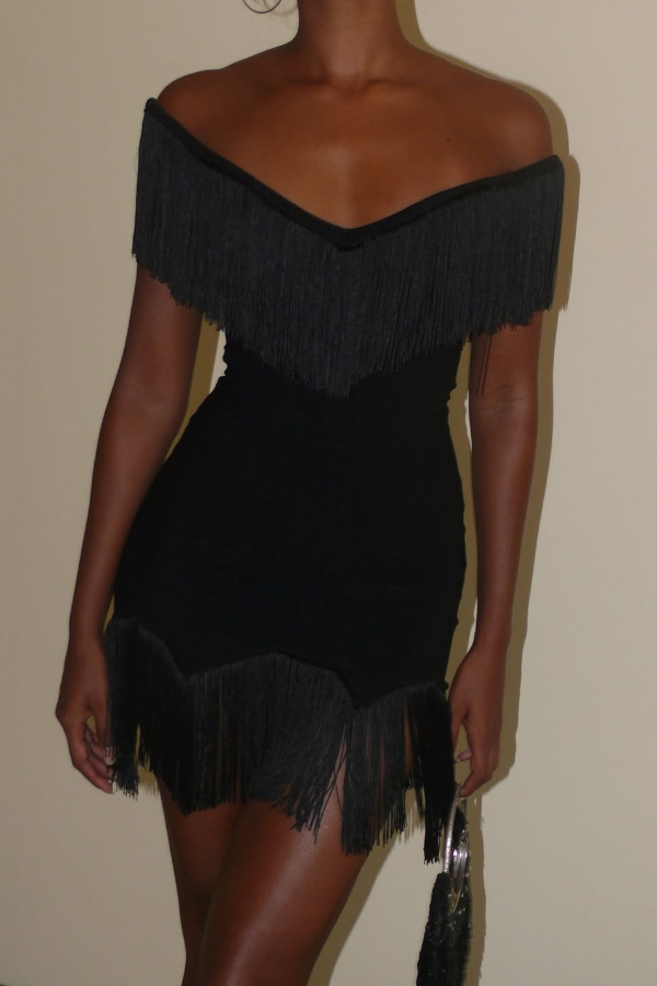 Solid Color V-neck Off-shoulder Slim-fit Tassel Mini Dress | Consonak