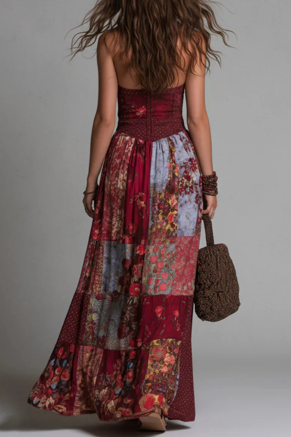 Unique Printed V-neck Sleeveless Fitted Waist Casual Maxi Dress | Consonak