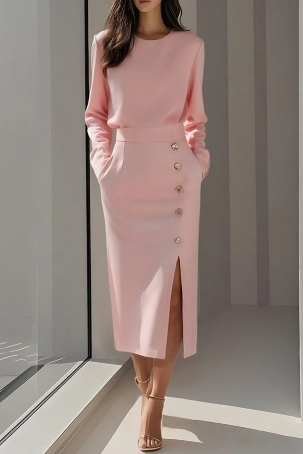 Solid Color Long Sleeves Pocket Button Decorated Slit Midi Dress | Consonak