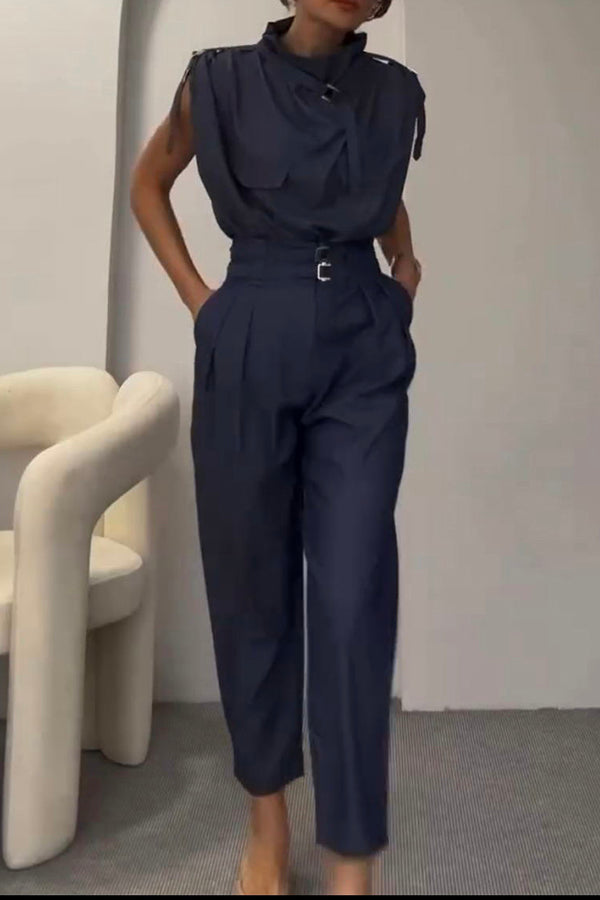Statement Breast Pocket High Neck Top and Side Pocket Belt Long Pant Set-consonak