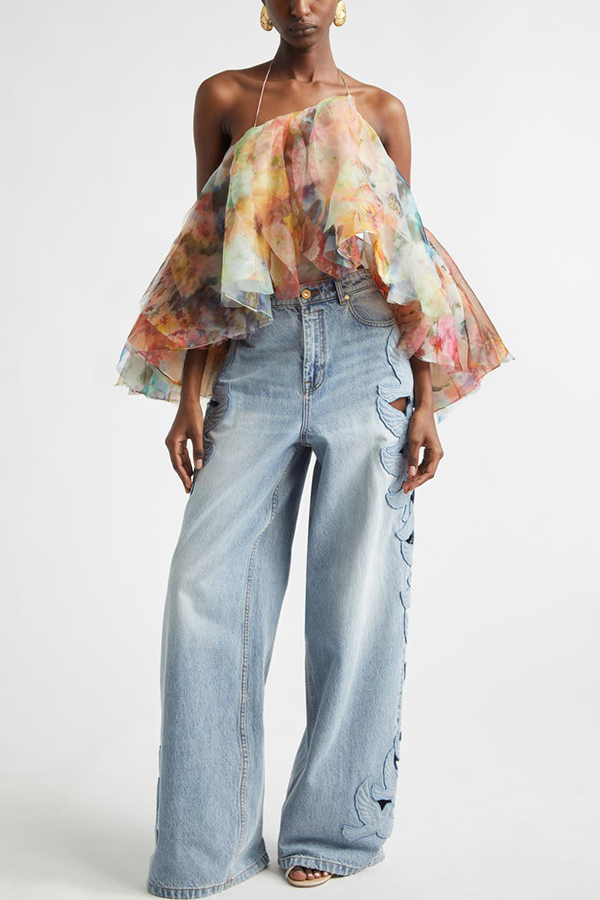 Dreamy Piece Floral Rendered Print Layered Ruffles Fanned Halter Top