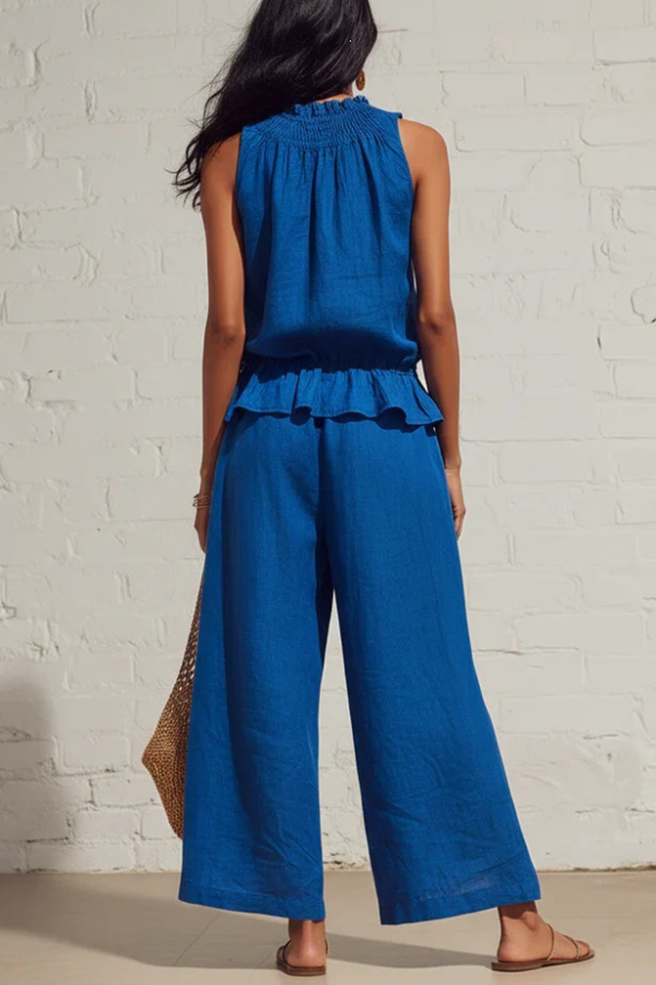 Linen Blend Round Neck Sleeveless Ruffled Top and Elastic Waist Casual Pocket Wide-leg Pants Set-Consonak