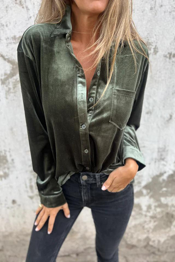 Solid Velvet Long-sleeved Single-breasted Loose Pocket Shirt-consonak