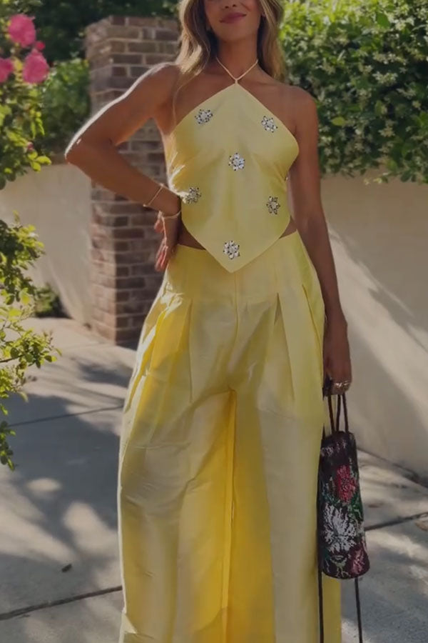 Jamie Satin Sparkling Flowers Halter Backless Tank and High Rise Pocket Wide Leg Pants Set