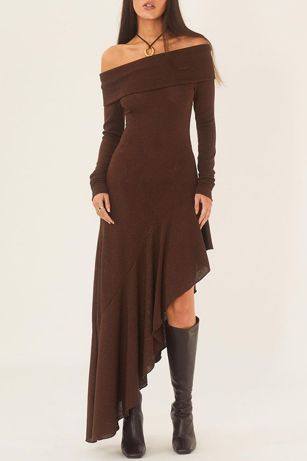Temperament Off Shoulder Long Sleeve Irregular Hem Stretch Maxi Dress-consonak