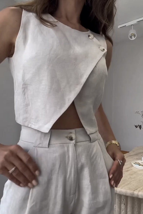 Balvin Linen Blend Cross Button Neck Crop Vest and High Rise Pocketed Pants Set-consonak