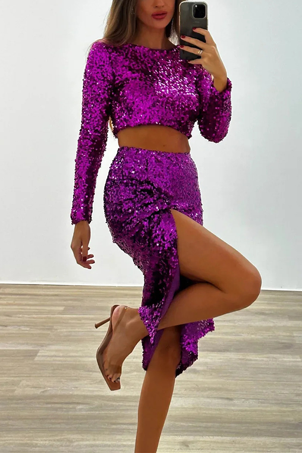 Solid Sequined Long-sleeved Crop Top and Sexy Slit Midi Skirt Set-consonak
