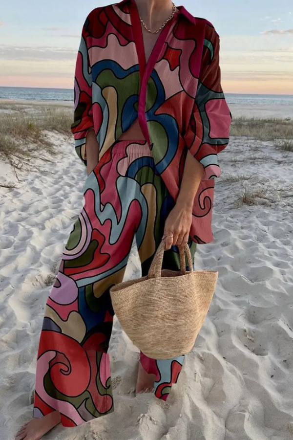 Geometric Color Block Print Oversized Shirt and Elastic Waist Pocket Pants Set