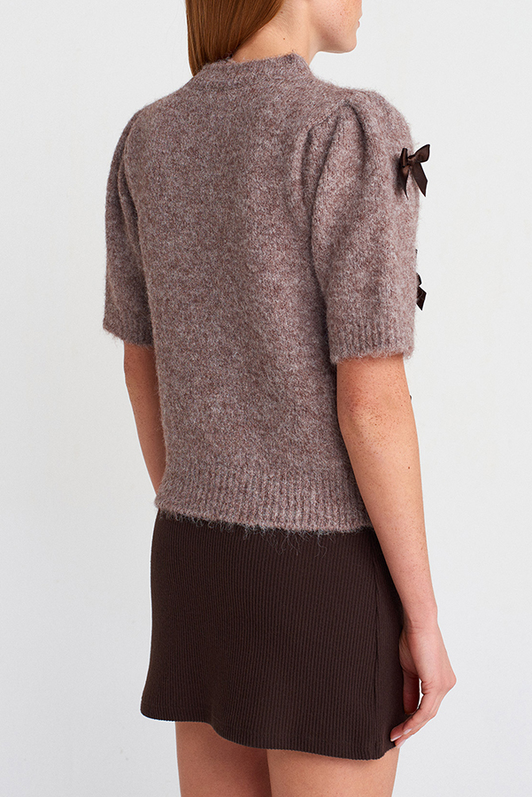 Jensin Knit Satin Bow Detail Short Sleeve Crop Sweater-consonak
