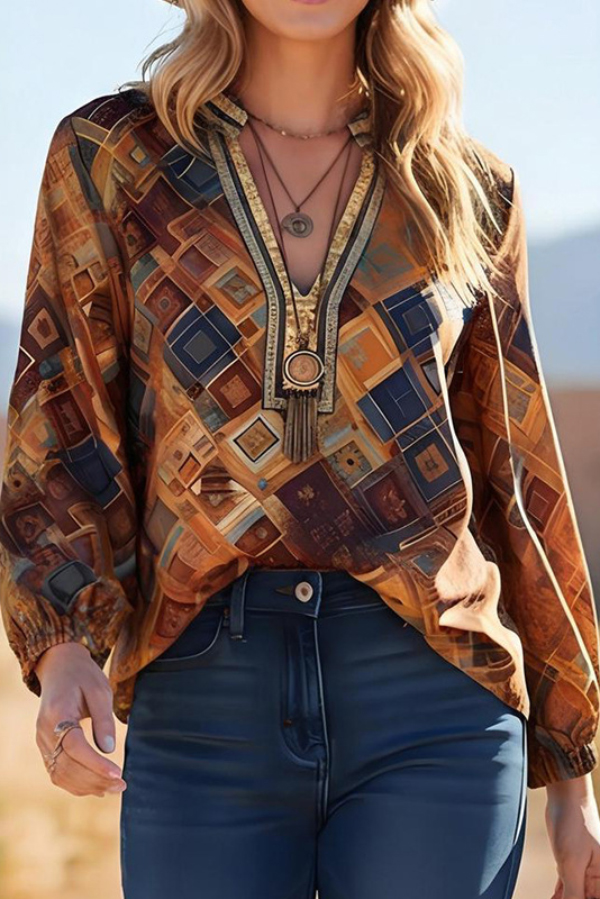 Bohemian-style Unique Print V-neck Long-sleeved Loose Top-consonak