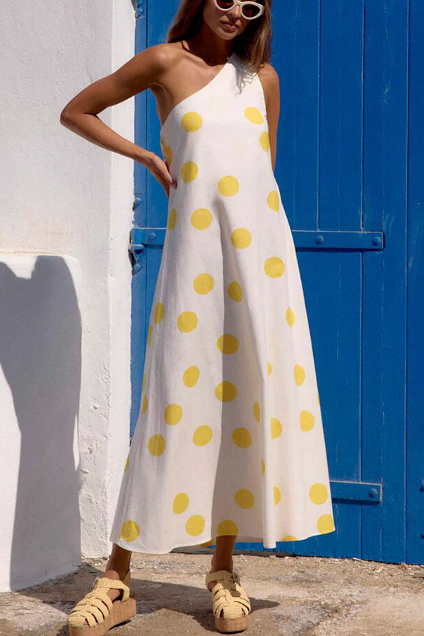 Sunlight Shines Linen Blend Colorblock Polka Dot Print One Shoulder A-line Maxi Dress-consonak