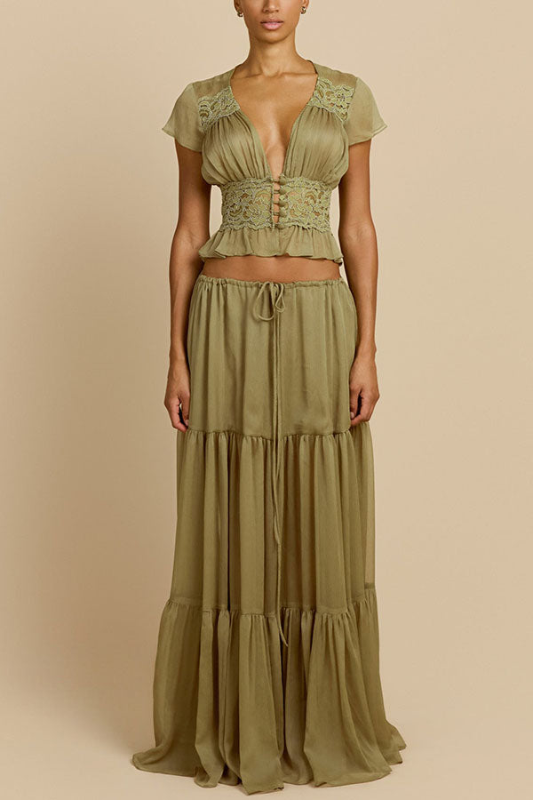 Sabrina Chiffon Lace Trim Button Up Short Sleeve Ruffle Plung Blouse-consonak