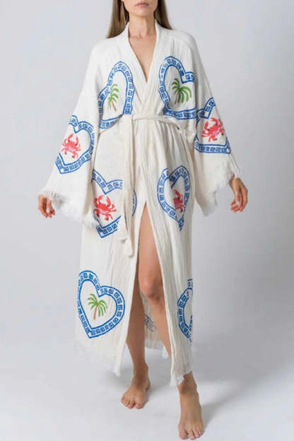 Maia Linen Blend Unique Print Belt Swimwear / Lounge Cover-up Robe-consonak