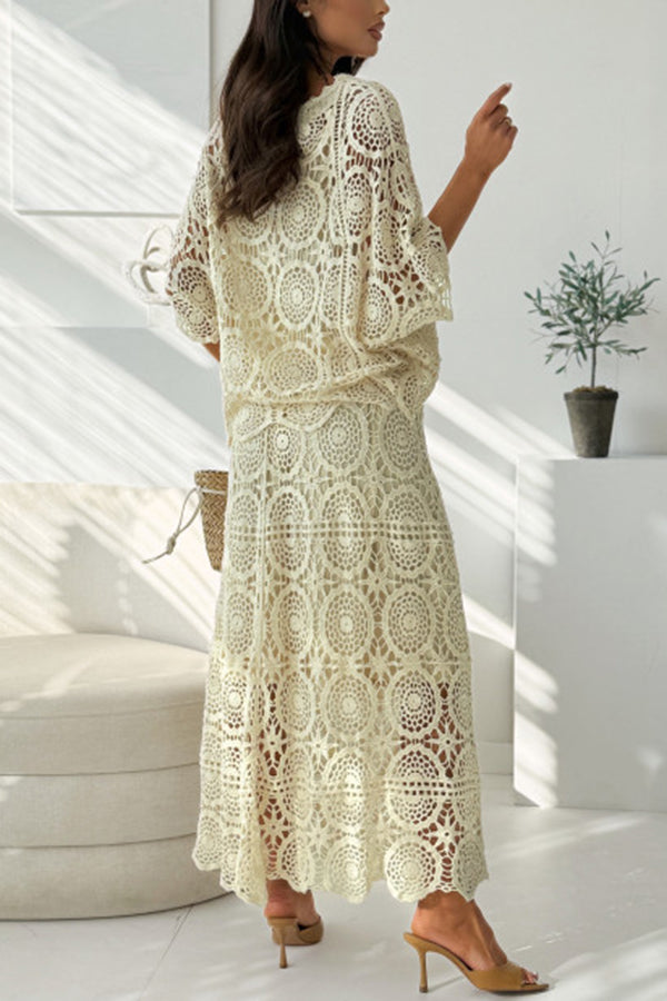 Pasarello Crochet Cutout Batwing Sleeve Cover-up Top and Elastic Waist Maxi Skirt Set