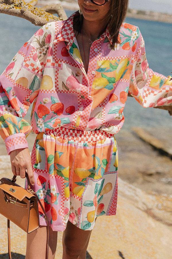 Leisurely Outings Summer Fruit Print Loose Long Sleeve Shirt and Elastic Waist Pocket Shorts Set-consonak