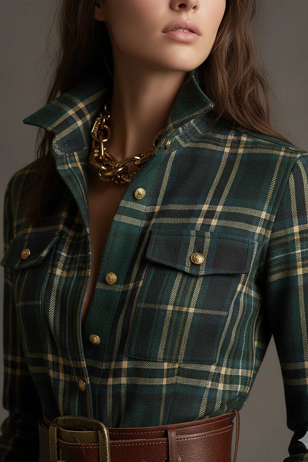 Retro Plaid Print Lapel Long-sleeved Pocket Maxi Dress-consonak