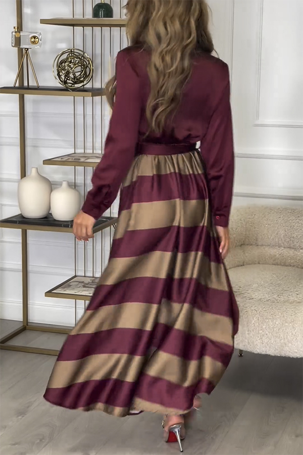 Lindsey Satin Colorblock Contrast Long Sleeve Belted Shirt Maxi Dress-consonak