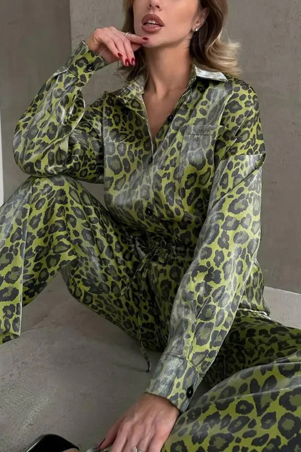 Leopard Print Long-sleeved Casual Top and Loose Elastic Waist Tie Pants Set-consonak