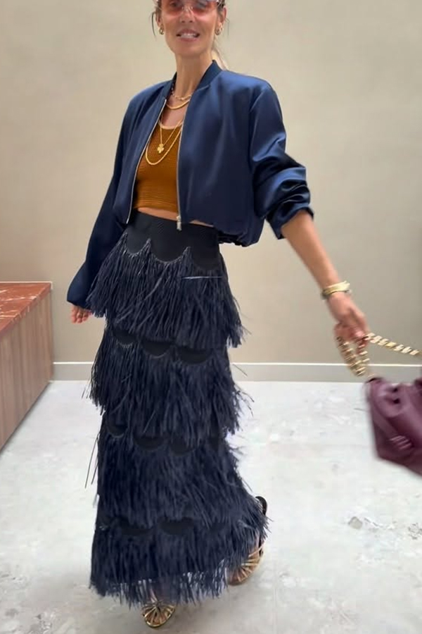 Freestyle Dance Steps Layered Tassels High Rise Back Zipper Slit Maxi Skirt-consonak