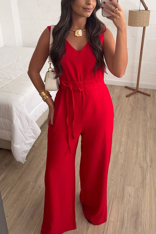Elaris Linen Blend V-neck Tie-up Waist Pocketed H-line Wide Leg Jumpsuit | Consonak