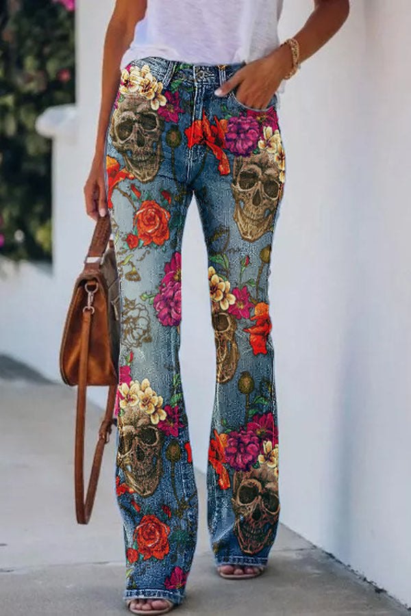 On A Drive Printed Faux Denim High Rise Flare Pants-consonak