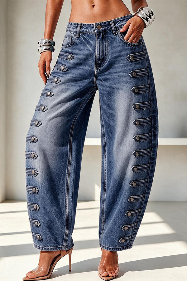 Napoleon-style Denim Metal Buttons Detail High Rise Pocket Loose Jeans-Consonak
