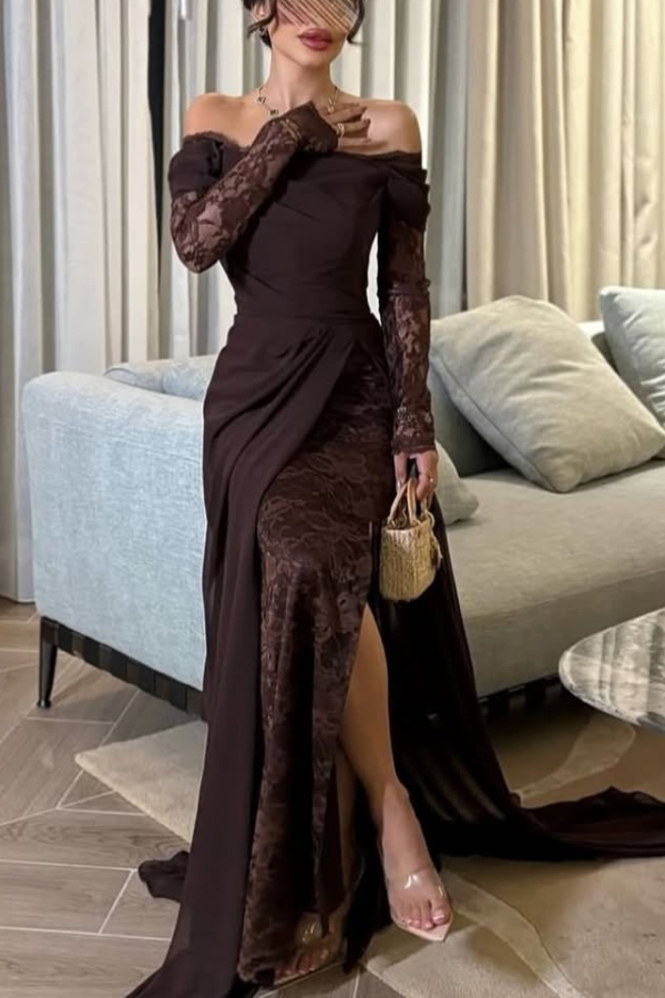 Elegant Patchwork Lace Off-shoulder Long-sleeved Slim-fit Maxi Dress-consonak