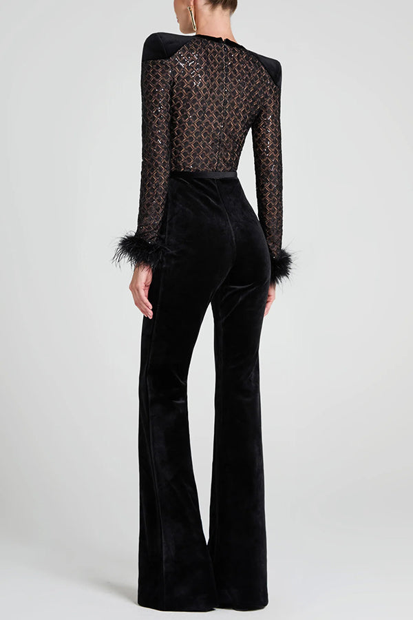 Monique Fish Scale Lace Sequin Velvet Patchwork Feather Trim Belted Stretch Flare Jumpsuit-Consonak
