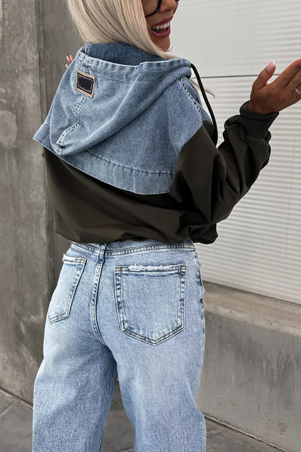 All The Time Denim Patchwork Soft Fabric Kangaroo Pocket Loose Hoodie-consonak