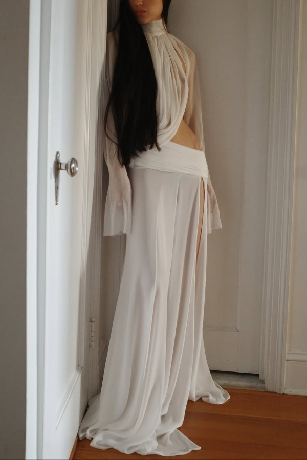 Sexy See-through High-neck Long-sleeved Draped Top and High-waisted Slit Maxi Skirt Vacation Set-Consonak