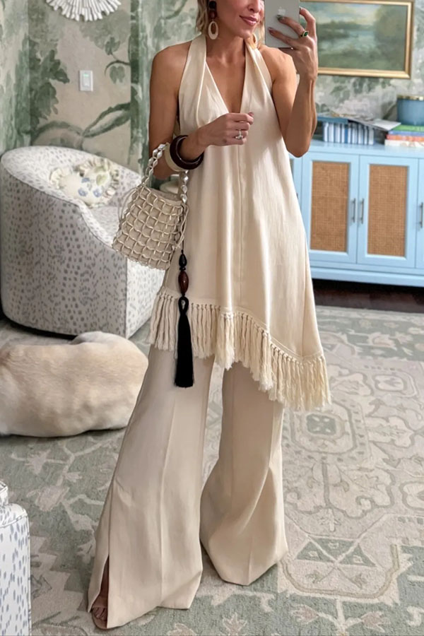 Kortnie Linen Blend Tassel Hem Halter A-line Top and High Rise Pocket Wide Leg Slit Pants Set-consonak