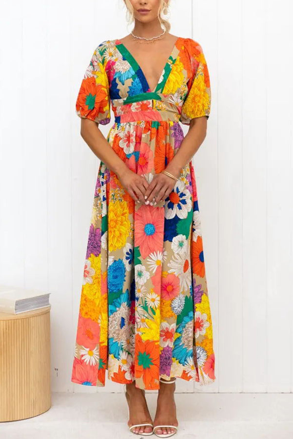 Floral Frenzy Printed Puff Sleeve Back Smocked Maxi Dress-consonak