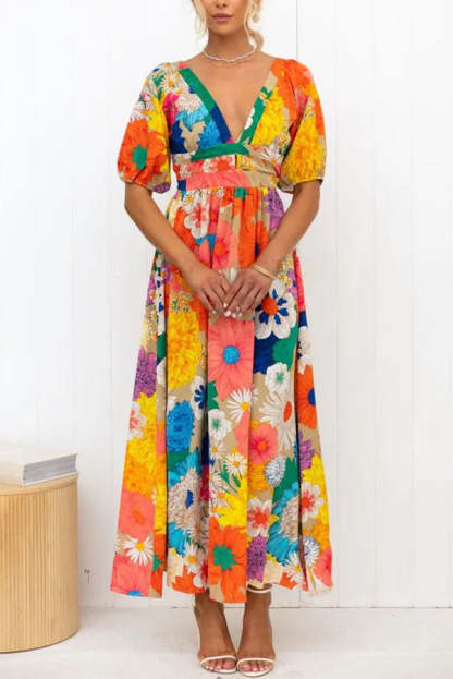 Floral Frenzy Printed Puff Sleeve Back Smocked Maxi Dress-consonak