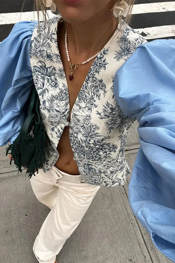 Botanical Print V-neck Patchwork Long-sleeved Top-consonak